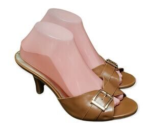Fiona Light Brown Slide On High Heels with Gold Belt Clip - Size 9.5